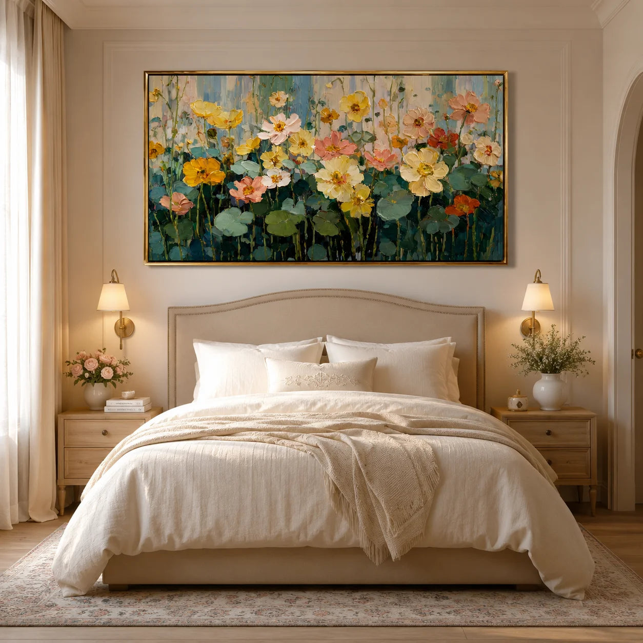 Hand-Painted Floral Oil Painting, Large Pastel Flower Wall Art for Elegant Modern Home Decor#OA 0991