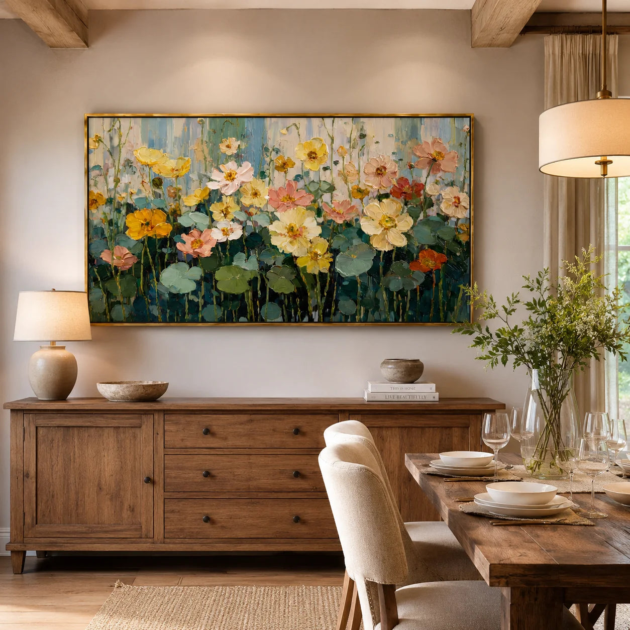 Hand-Painted Floral Oil Painting, Large Pastel Flower Wall Art for Elegant Modern Home Decor#OA 0991
