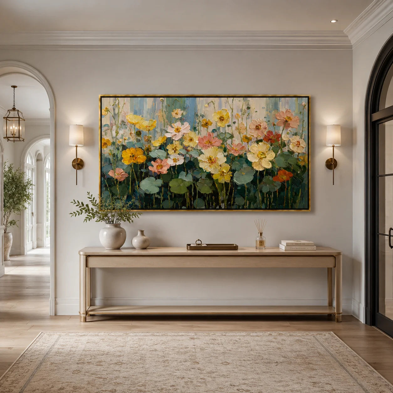 Hand-Painted Floral Oil Painting, Large Pastel Flower Wall Art for Elegant Modern Home Decor#OA 0991