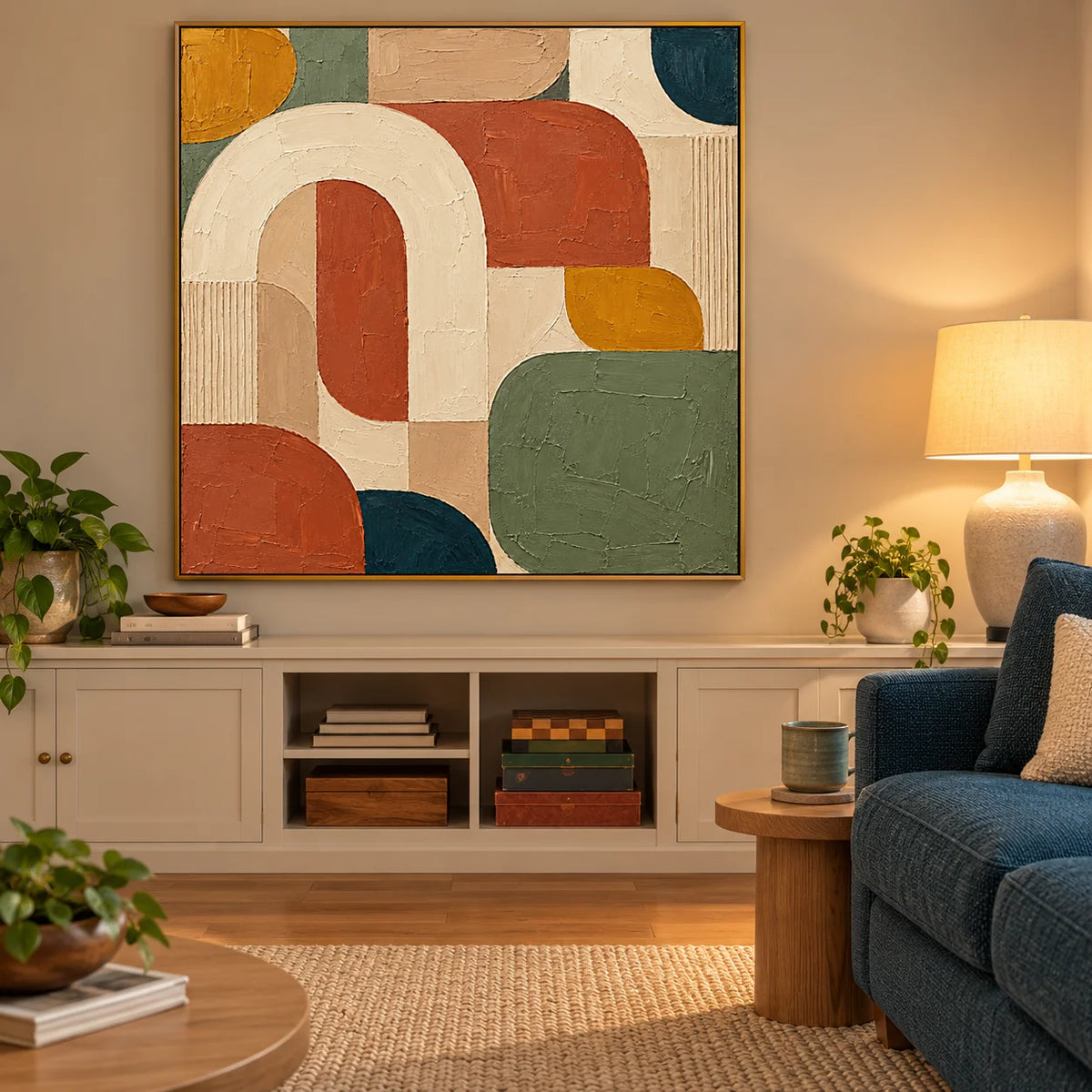Ownanart Hand-Painted Geometric Abstract Oil Painting – Cream Arch, Terracotta, Sage Green & Ochre Shapes, Square Textured Wall Art