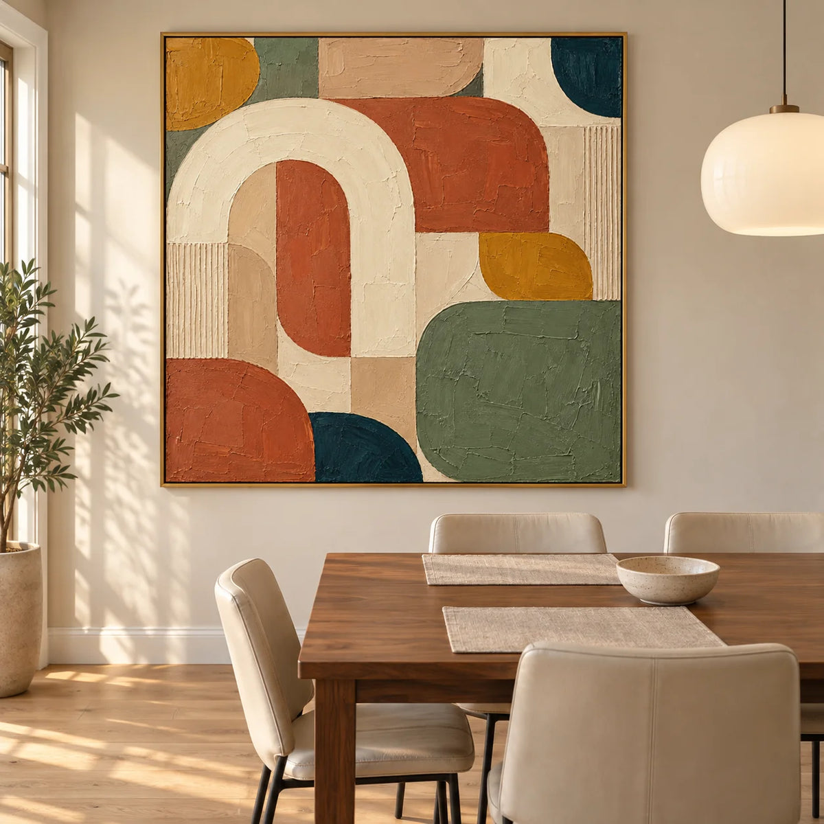 Ownanart Hand-Painted Geometric Abstract Oil Painting – Cream Arch, Terracotta, Sage Green & Ochre Shapes, Square Textured Wall Art
