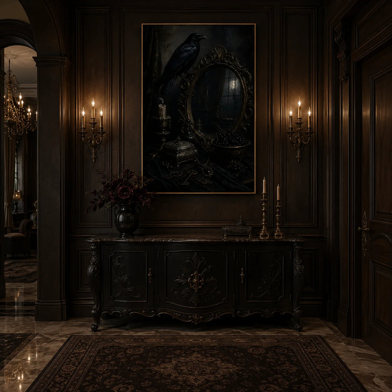 Ownanart Hand-Painted Gothic Raven & Antique Mirror Oil Painting | Dark Academia Wall Art | Mystical Black Raven Halloween Artwork | Dark Romantic Gothic Home Decor for Living Room, Bedroom & Entryway # OA 1292