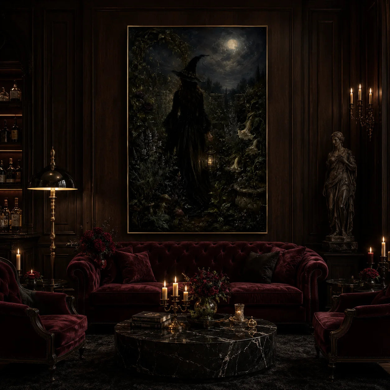 Ownanart Hand-Painted Gothic Witch Under Moonlight Oil Painting | Dark Academia Halloween Wall Art | Mystical Moonlit Magic Garden Artwork | Gothic Home Decor for Living Room, Bedroom & Entryway # OA 1290