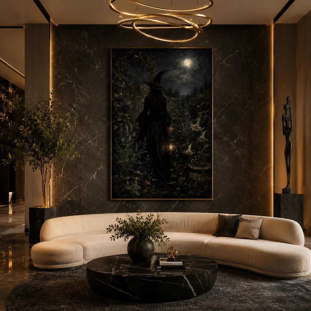 Ownanart Hand-Painted Gothic Witch Under Moonlight Oil Painting | Dark Academia Halloween Wall Art | Mystical Moonlit Magic Garden Artwork | Gothic Home Decor for Living Room, Bedroom & Entryway # OA 1290