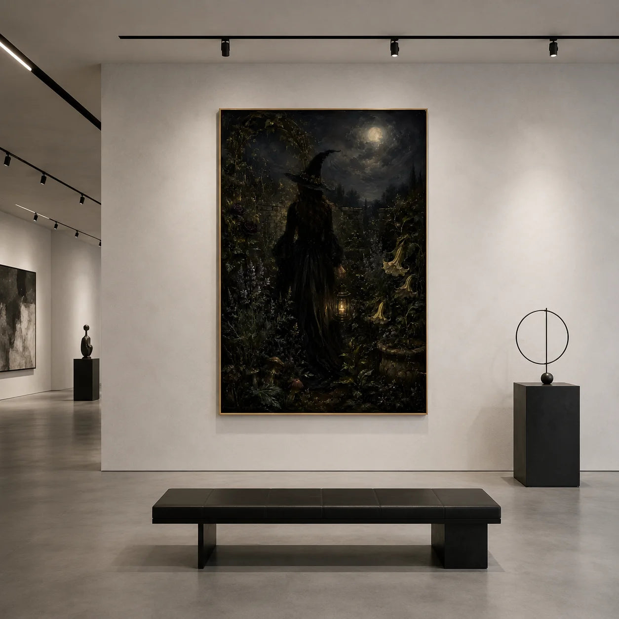 Ownanart Hand-Painted Gothic Witch Under Moonlight Oil Painting | Dark Academia Halloween Wall Art | Mystical Moonlit Magic Garden Artwork | Gothic Home Decor for Living Room, Bedroom & Entryway # OA 1290