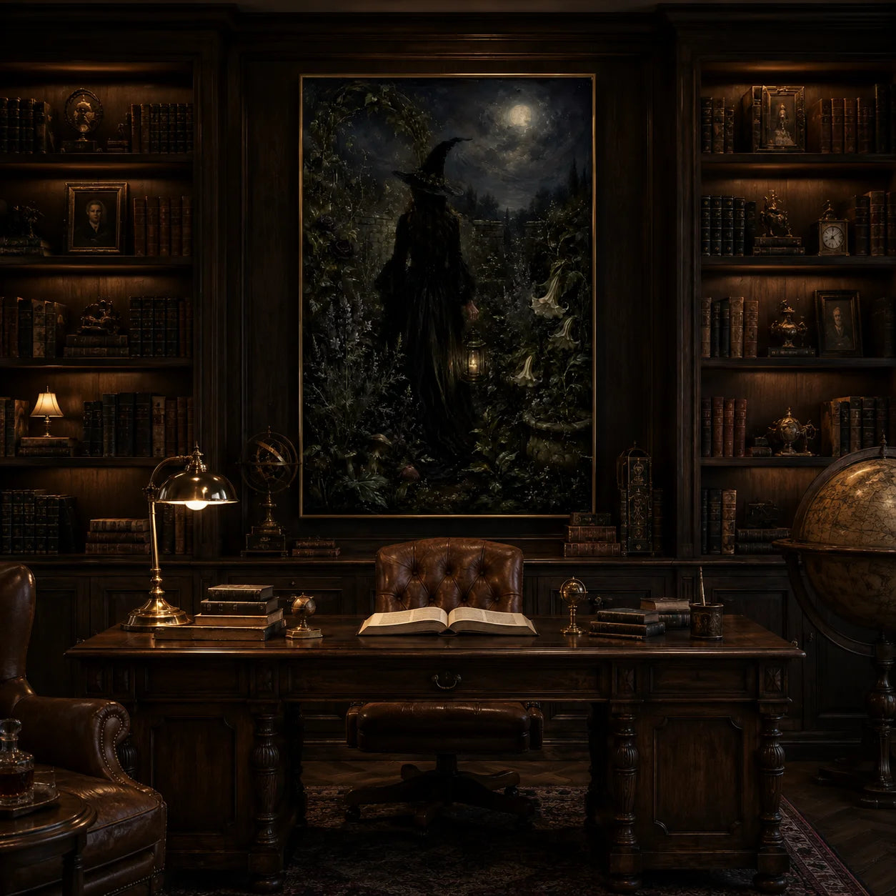 Ownanart Hand-Painted Gothic Witch Under Moonlight Oil Painting | Dark Academia Halloween Wall Art | Mystical Moonlit Magic Garden Artwork | Gothic Home Decor for Living Room, Bedroom & Entryway # OA 1290