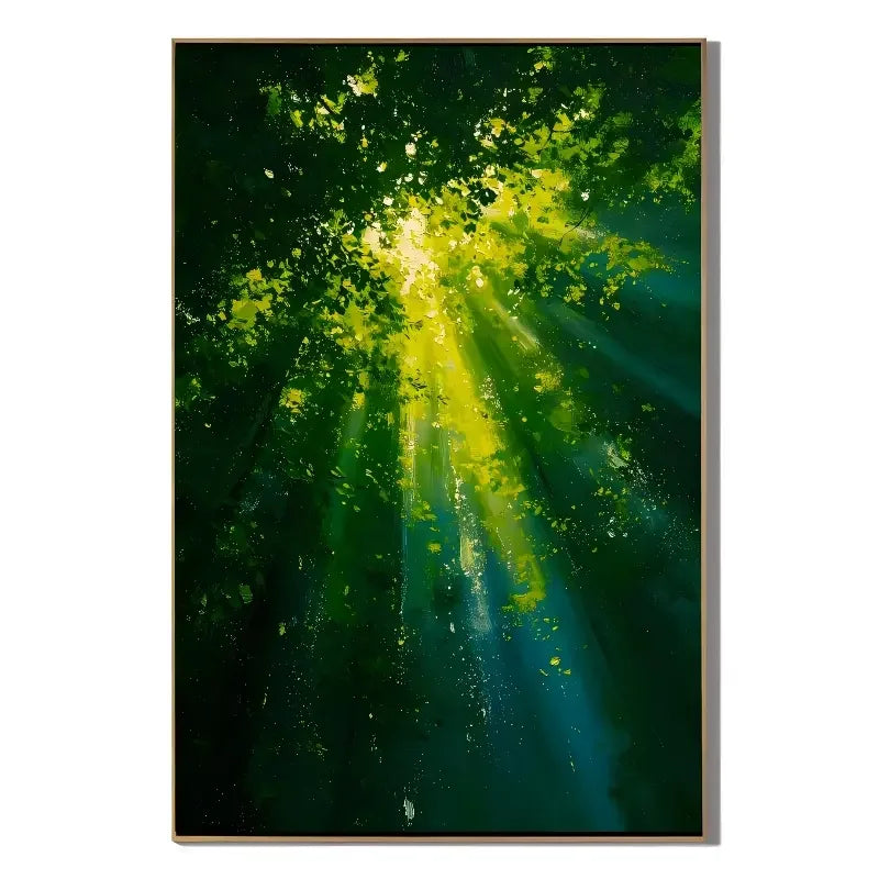 Ownanart Hand-Painted Green Forest Sunlight Oil Painting | Modern Impressionist Lush Woodland with Golden Sun Rays & Nature Landscape Wall Art for Living Room, Bedroom and Study # OA 1354