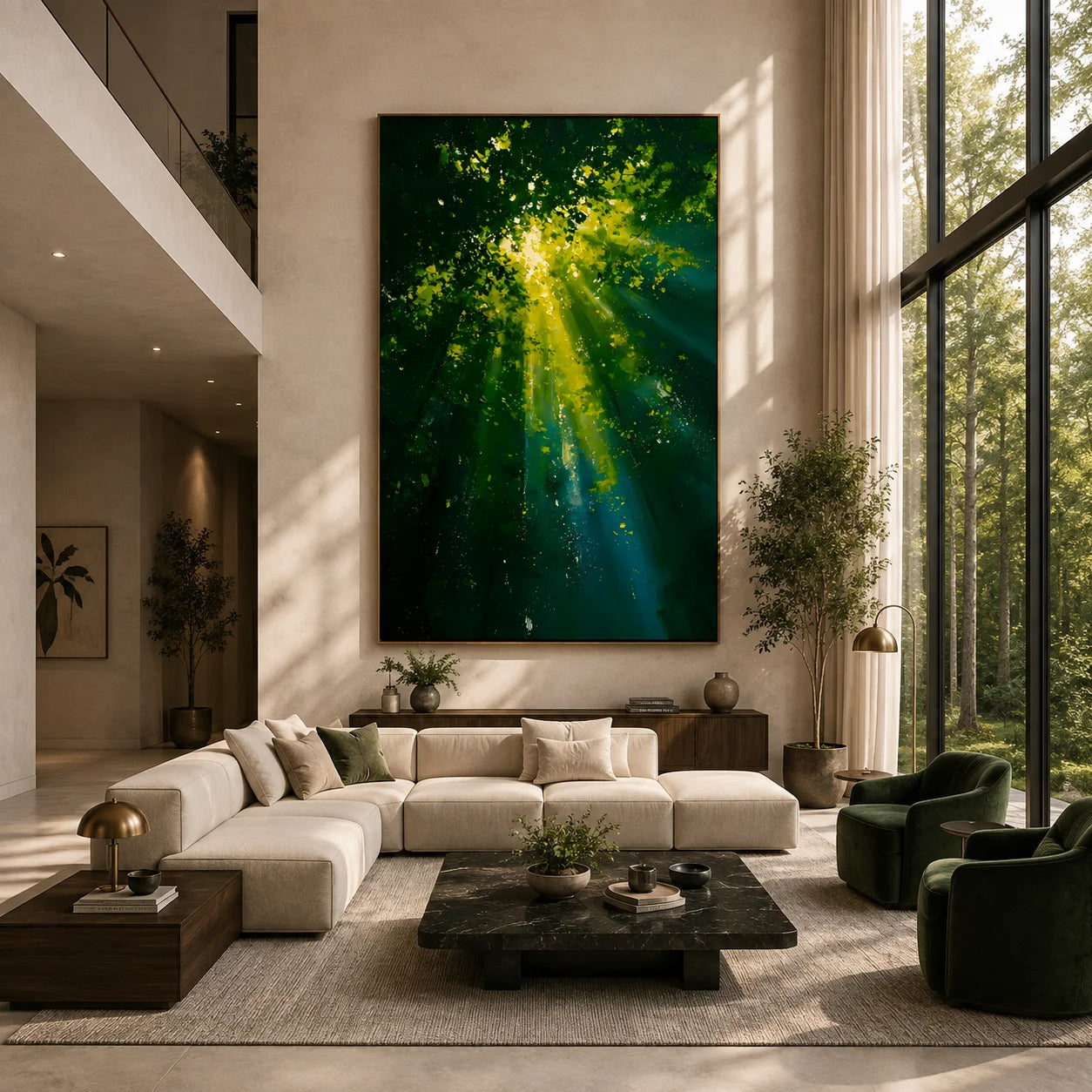 Ownanart Hand-Painted Green Forest Sunlight Oil Painting | Modern Impressionist Lush Woodland with Golden Sun Rays & Nature Landscape Wall Art for Living Room, Bedroom and Study # OA 1354
