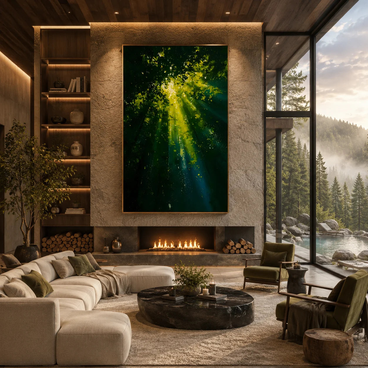 Ownanart Hand-Painted Green Forest Sunlight Oil Painting | Modern Impressionist Lush Woodland with Golden Sun Rays & Nature Landscape Wall Art for Living Room, Bedroom and Study # OA 1354