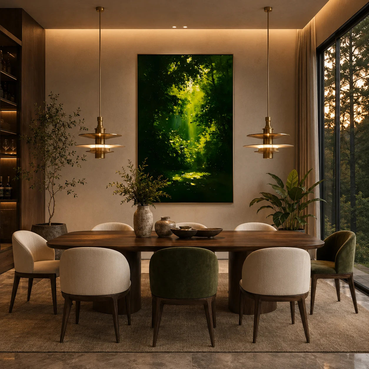 Ownanart Hand-Painted Green Forest Sunlight Oil Painting | Modern Impressionist Lush Woodland with Golden Sun Rays & Textured Nature Landscape Wall Art for Living Room, Bedroom and Study # OA 1353