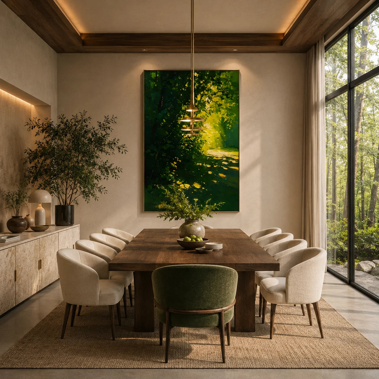 Ownanart Hand-Painted Green Forest Sunlight Path Oil Painting | Modern Impressionist Lush Woodland with Golden Morning Light & Textured Nature Landscape Wall Art for Living Room, Bedroom and Study # OA 1355