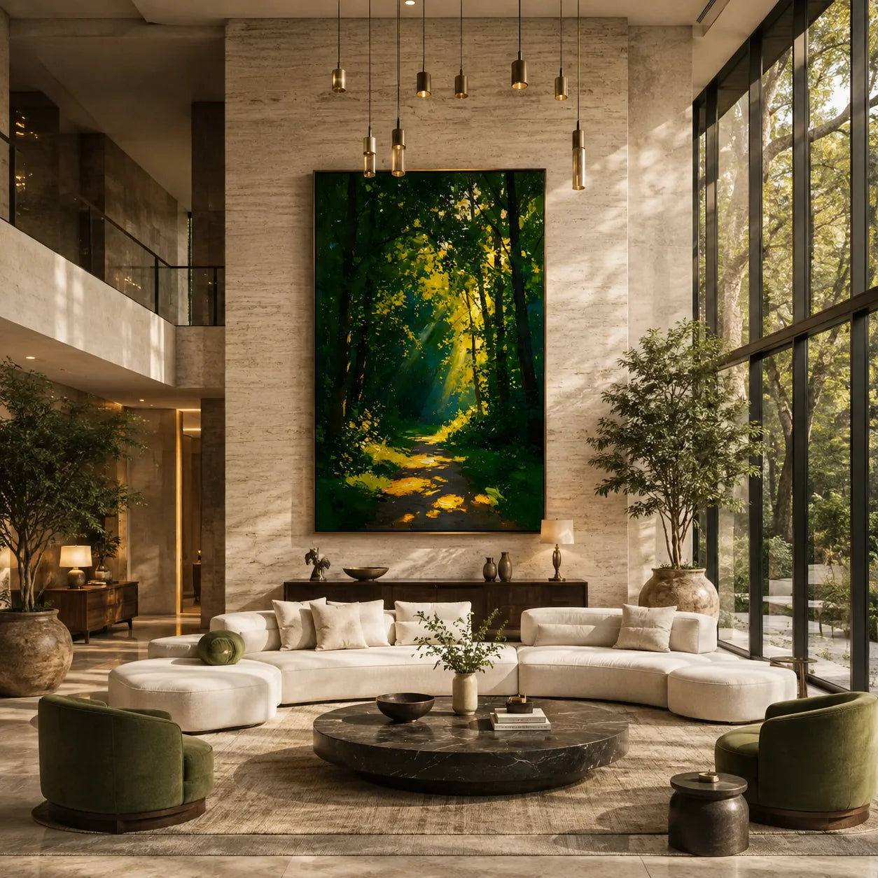 Ownanart Hand-Painted Green Forest Sunlight Path Oil Painting | Modern Impressionist Woodland with Golden Sun Rays & Textured Nature Landscape Wall Art for Living Room, Bedroom and Study # OA 1356