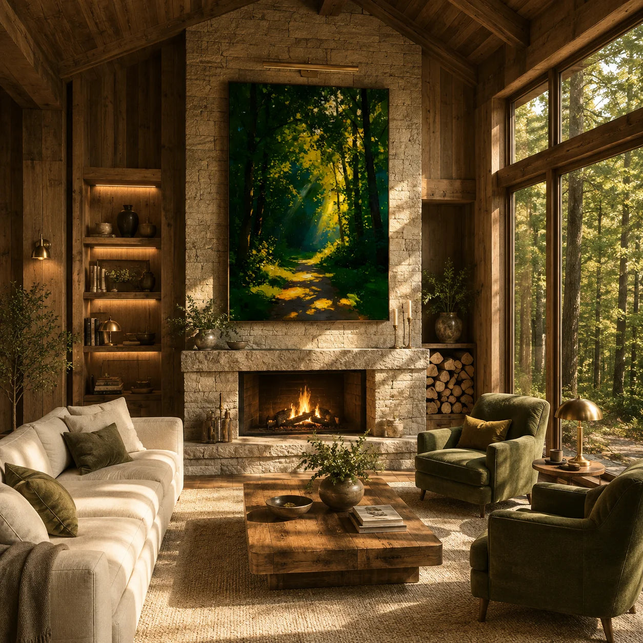 Ownanart Hand-Painted Green Forest Sunlight Path Oil Painting | Modern Impressionist Woodland with Golden Sun Rays & Textured Nature Landscape Wall Art for Living Room, Bedroom and Study # OA 1356