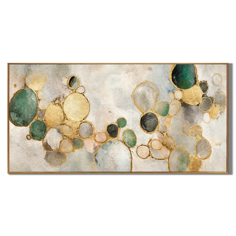 Ownanart Hand-Painted Green and Gold Abstract Oil Painting – Organic Circles, Textured Neutral Horizontal Canvas Wall Art