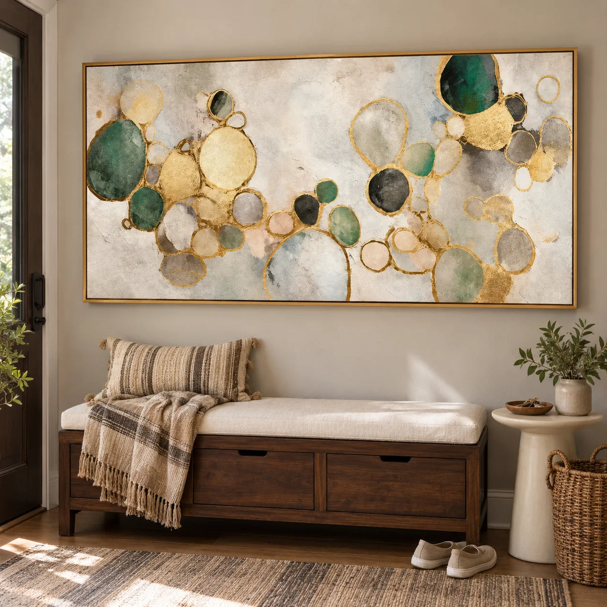 Ownanart Hand-Painted Green and Gold Abstract Oil Painting – Organic Circles, Textured Neutral Horizontal Canvas Wall Art