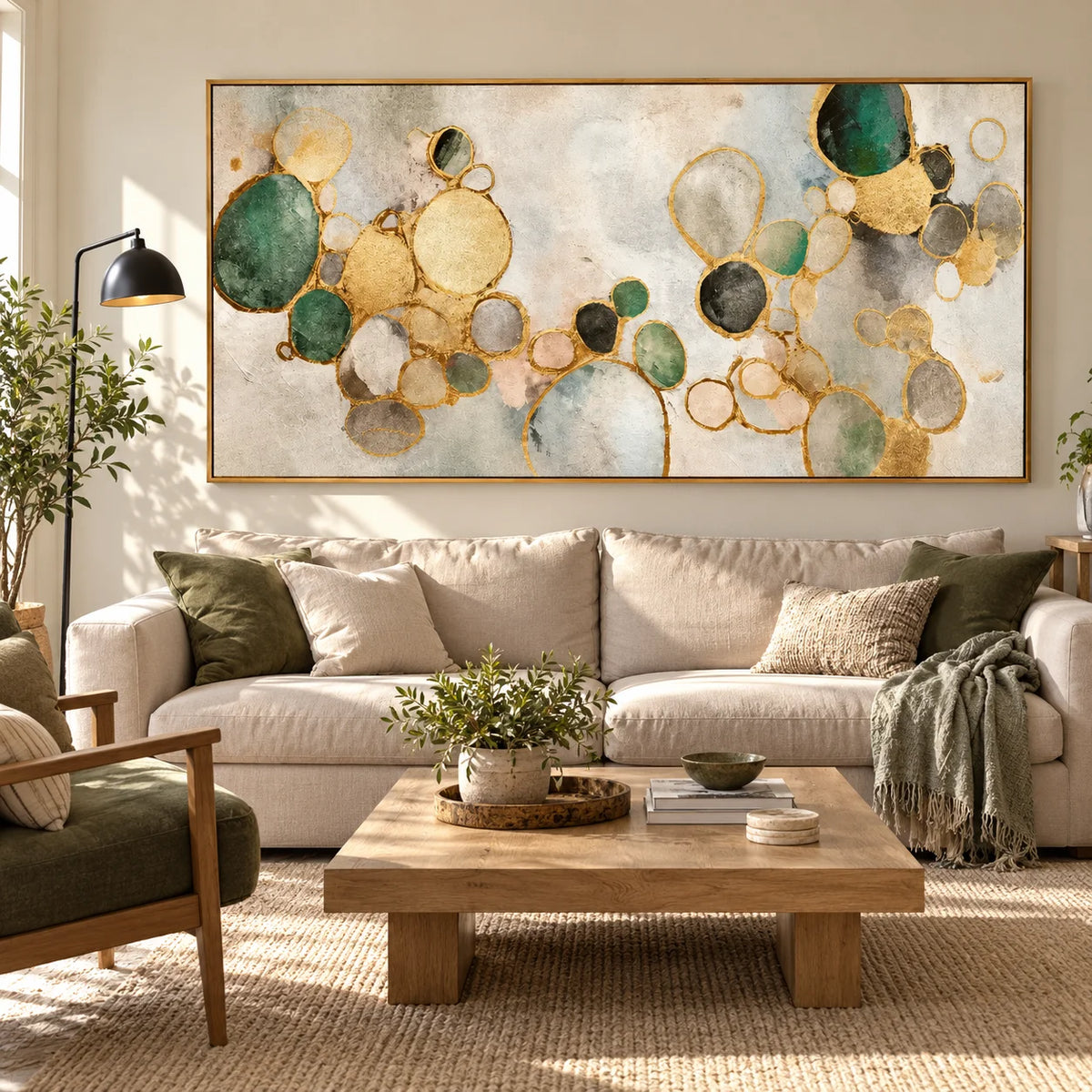 Ownanart Hand-Painted Green and Gold Abstract Oil Painting – Organic Circles, Textured Neutral Horizontal Canvas Wall Art