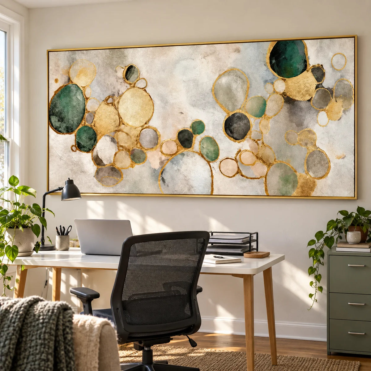 Ownanart Hand-Painted Green and Gold Abstract Oil Painting – Organic Circles, Textured Neutral Horizontal Canvas Wall Art