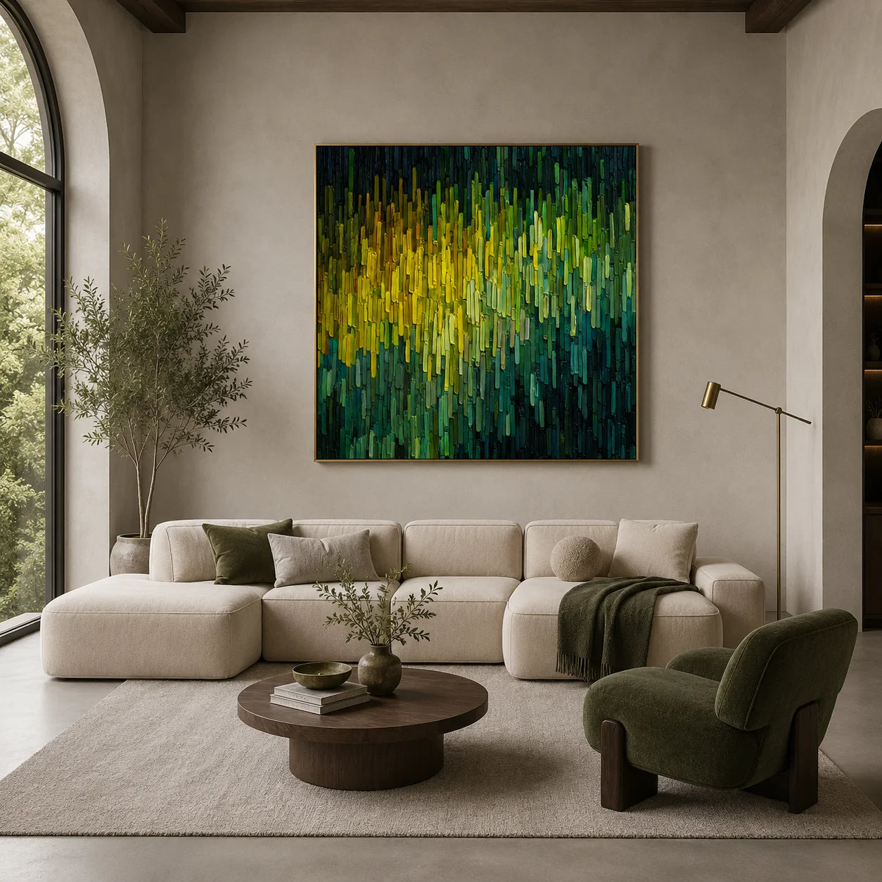 Hand-Painted Green and Yellow Abstract Impasto Oil Painting, Textured Forest Light Canvas Wall Art for Modern Living Room Decor # OA 1156