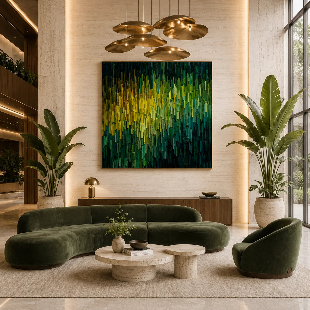 Hand-Painted Green and Yellow Abstract Impasto Oil Painting, Textured Forest Light Canvas Wall Art for Modern Living Room Decor # OA 1156
