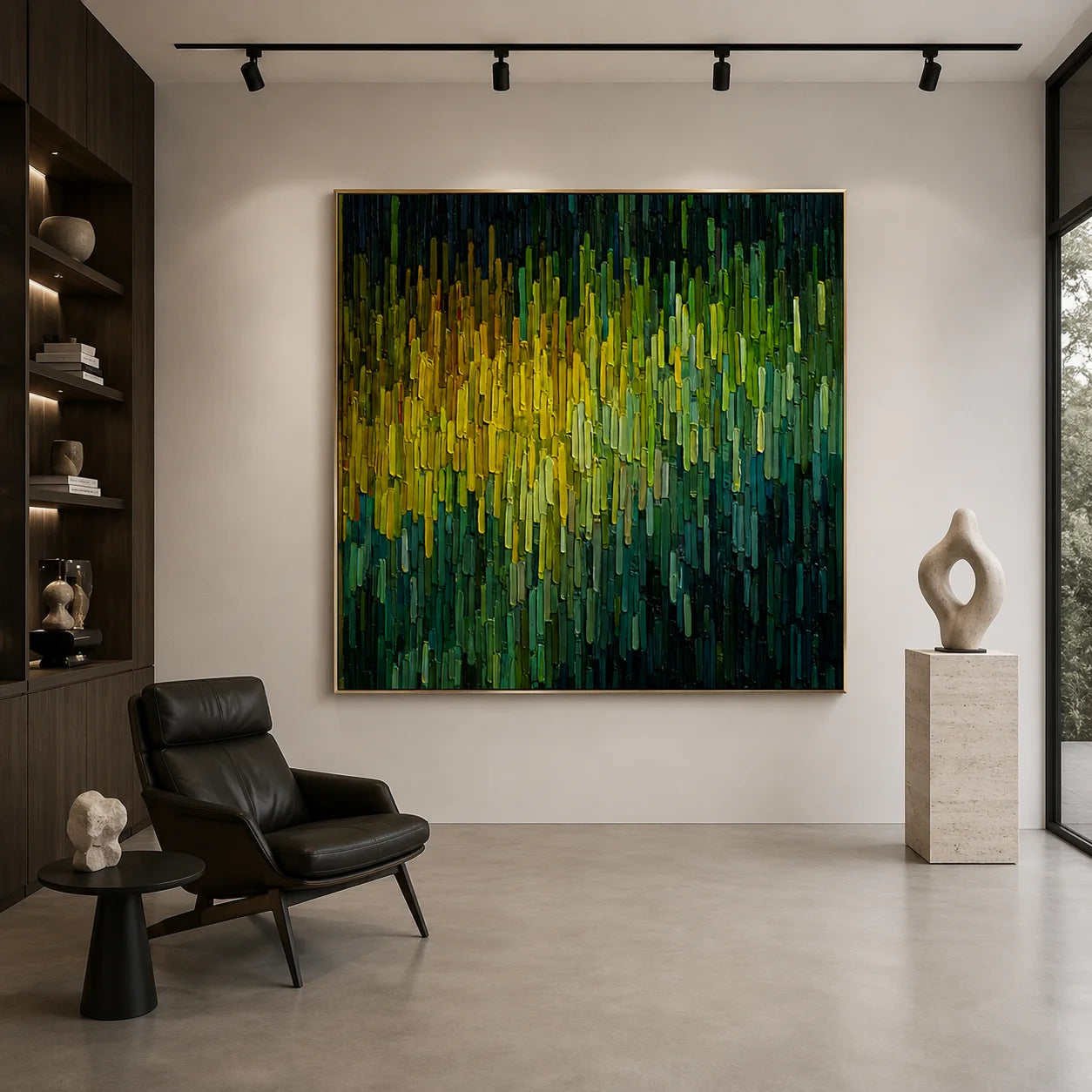 Hand-Painted Green and Yellow Abstract Impasto Oil Painting, Textured Forest Light Canvas Wall Art for Modern Living Room Decor # OA 1156