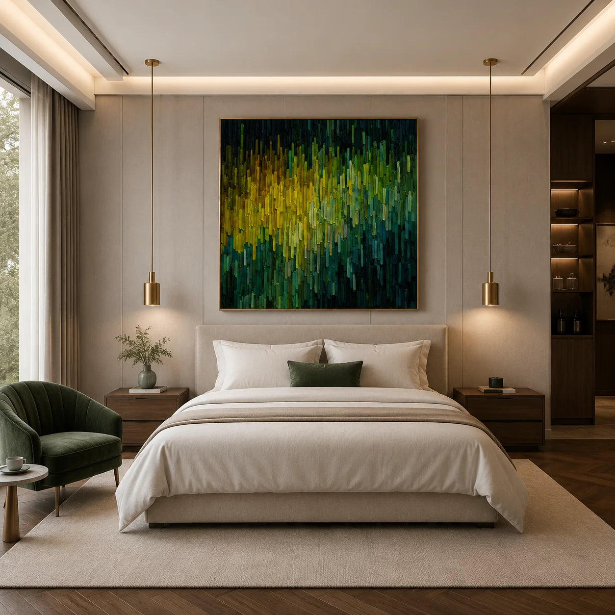 Hand-Painted Green and Yellow Abstract Impasto Oil Painting, Textured Forest Light Canvas Wall Art for Modern Living Room Decor # OA 1156