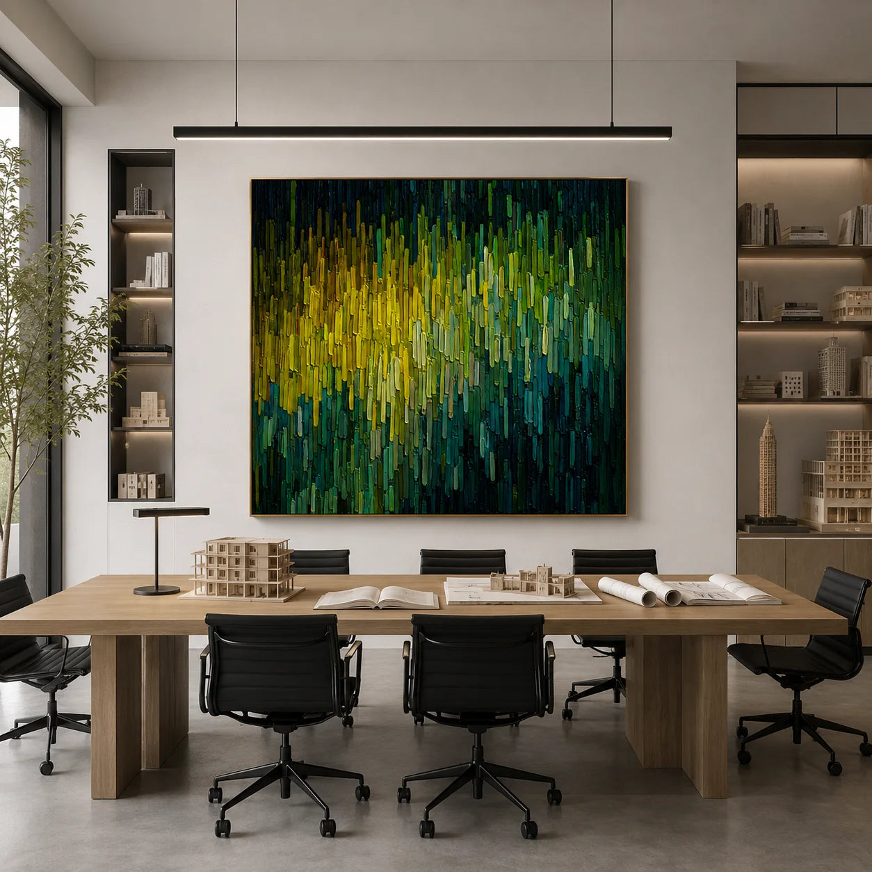 Hand-Painted Green and Yellow Abstract Impasto Oil Painting, Textured Forest Light Canvas Wall Art for Modern Living Room Decor # OA 1156