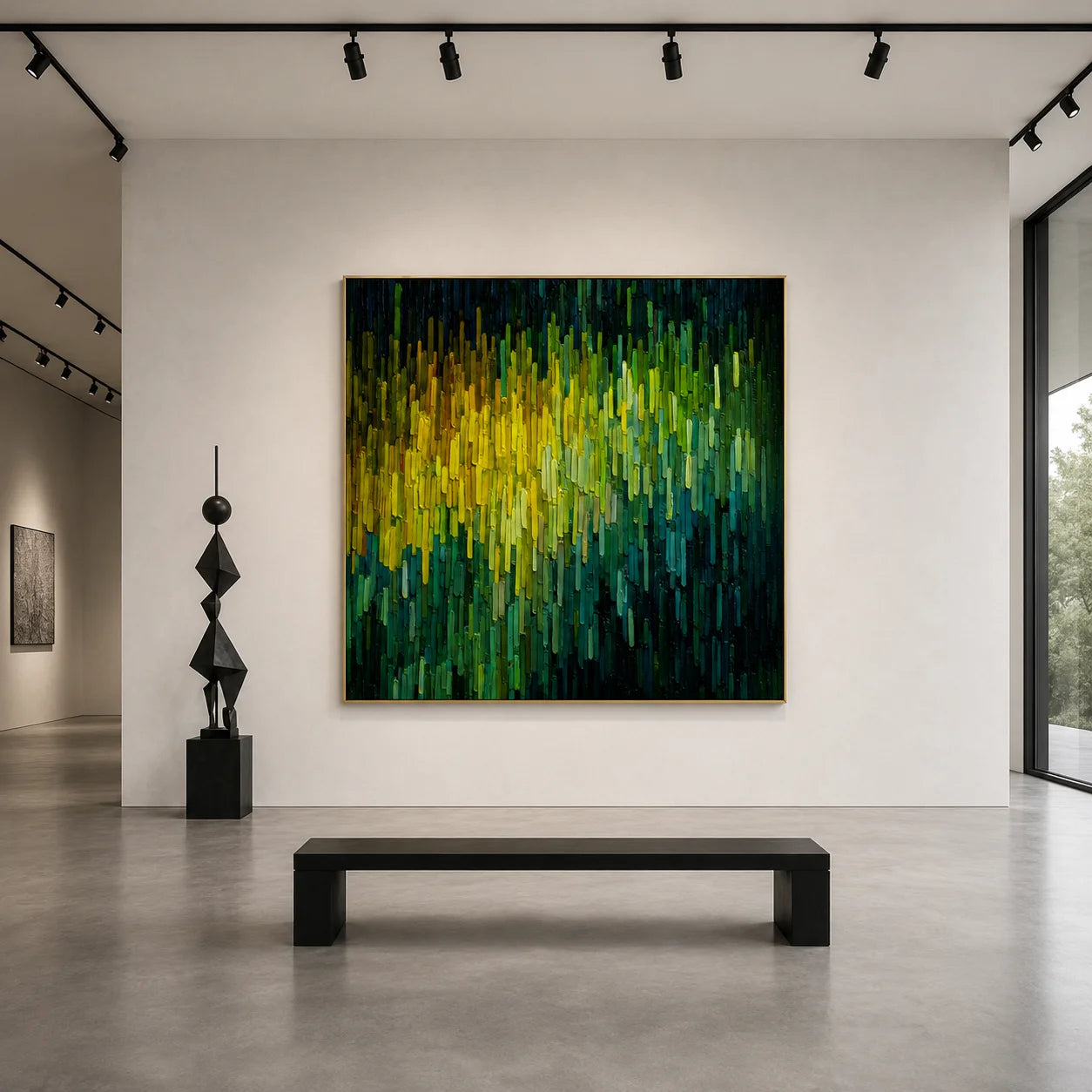 Hand-Painted Green and Yellow Abstract Impasto Oil Painting, Textured Forest Light Canvas Wall Art for Modern Living Room Decor # OA 1156