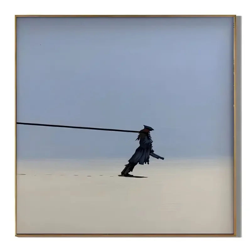 Ownanart Hand-Painted Lonely Wanderer Oil Painting | Modern Minimalist Surreal Figure with Endless Tether & Blue Gray Atmospheric Wall Art for Living Room, Bedroom and Study # OA 1358