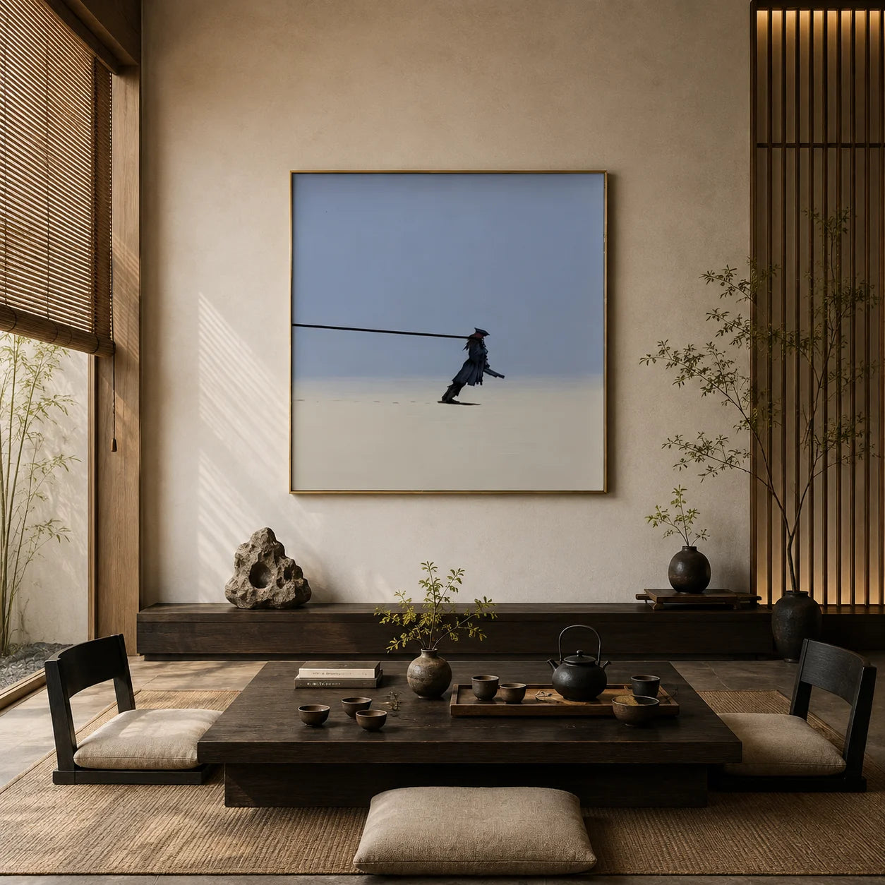 Ownanart Hand-Painted Lonely Wanderer Oil Painting | Modern Minimalist Surreal Figure with Endless Tether & Blue Gray Atmospheric Wall Art for Living Room, Bedroom and Study # OA 1358