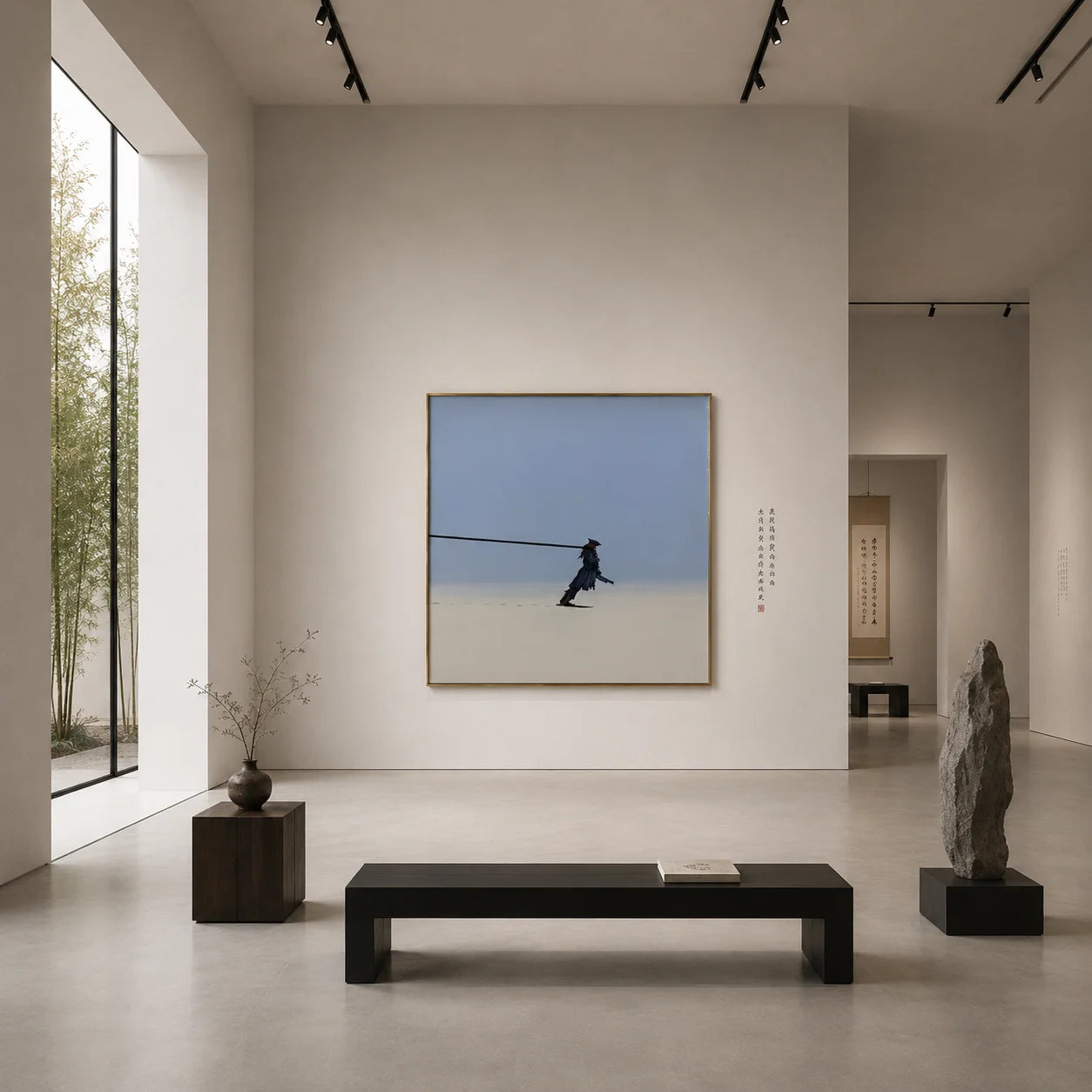 Ownanart Hand-Painted Lonely Wanderer Oil Painting | Modern Minimalist Surreal Figure with Endless Tether & Blue Gray Atmospheric Wall Art for Living Room, Bedroom and Study # OA 1358