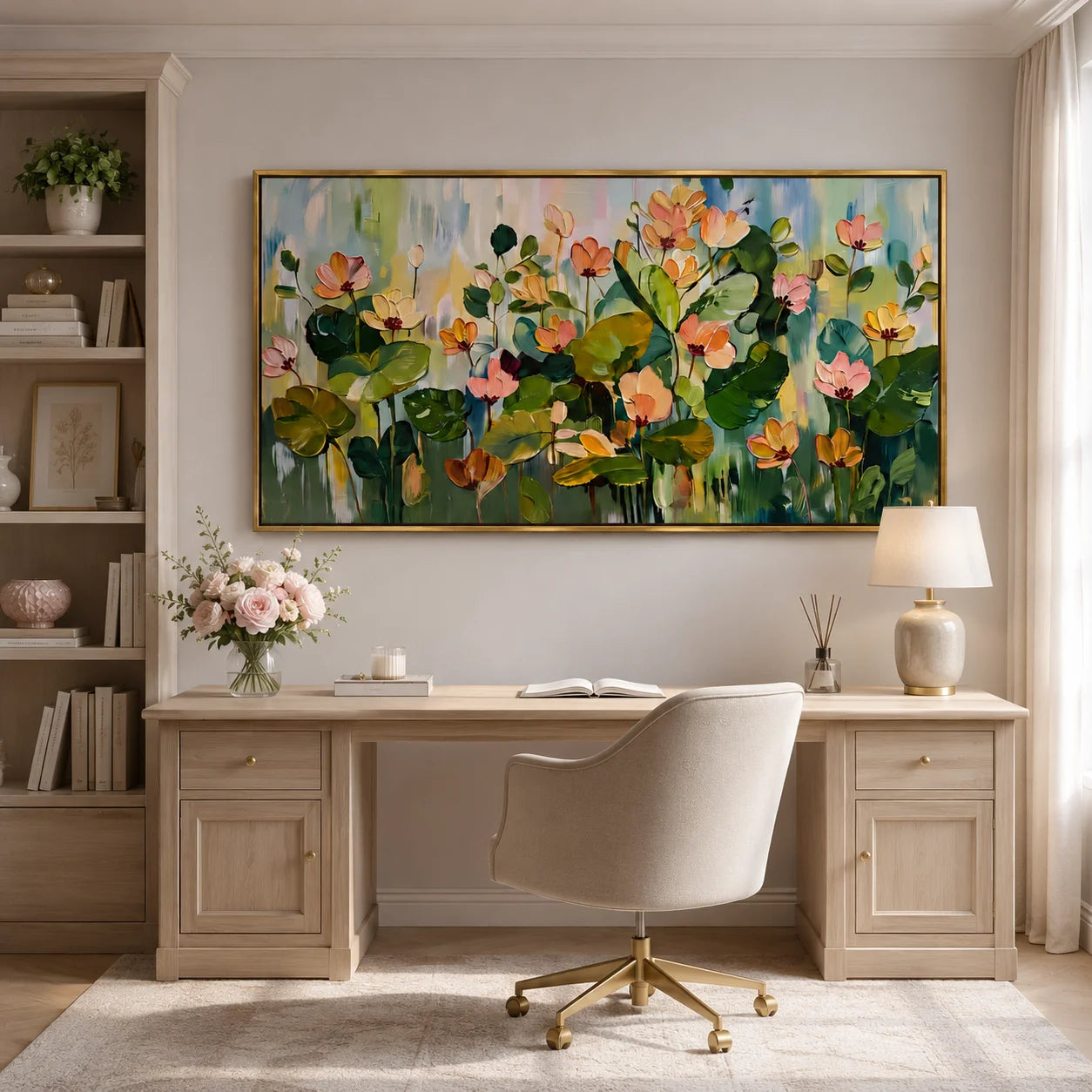 Hand-Painted Lotus Flower Oil Painting, Large Floral Wall Art for Elegant Modern Home Decor#OA 0990