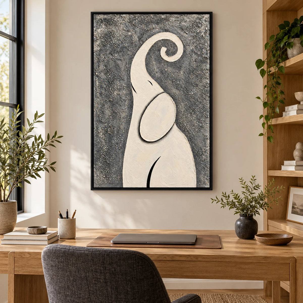 Ownanart Hand-Painted Minimalist Ivory Elephant with Curled Trunk Oil Painting – Modern Animal Art, 3D Textured Vertical Impasto Canvas Wall Art for Living Room Bedroom Entryway and Office #OA 1585