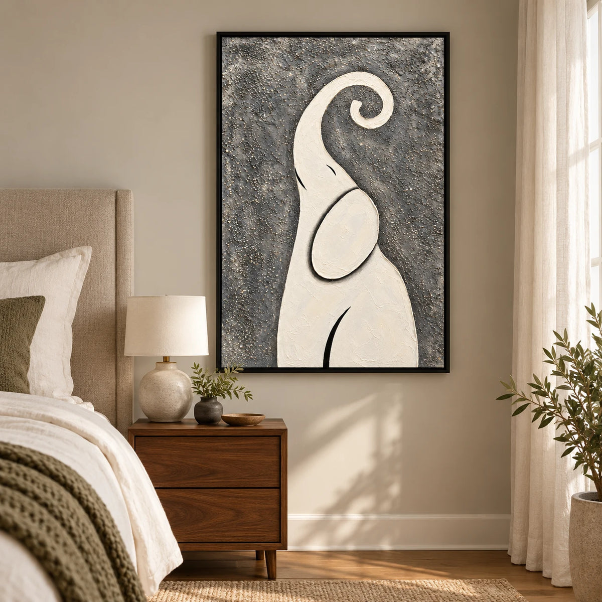 Ownanart Hand-Painted Minimalist Ivory Elephant with Curled Trunk Oil Painting – Modern Animal Art, 3D Textured Vertical Impasto Canvas Wall Art for Living Room Bedroom Entryway and Office #OA 1585