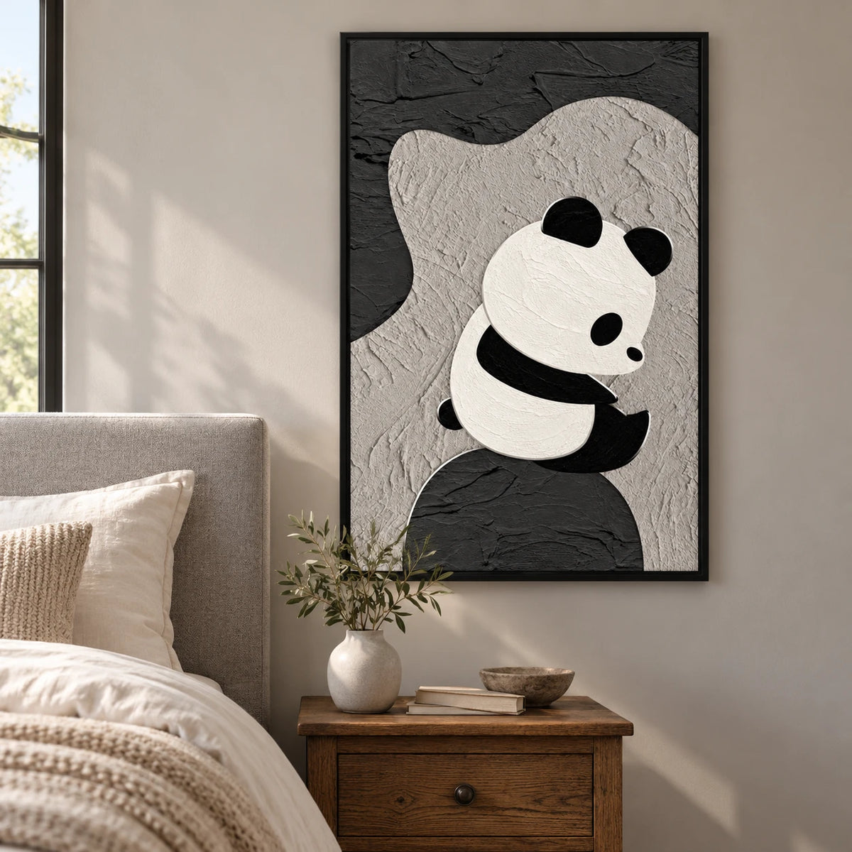 Ownanart Hand-Painted Minimalist Panda Sitting on an Abstract Rock Oil Painting – Modern Animal Art, 3D Textured Vertical Impasto Canvas Wall Art for Living Room Bedroom Entryway and Office #OA 1590
