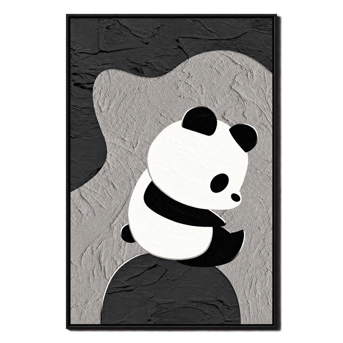 Ownanart Hand-Painted Minimalist Panda Sitting on an Abstract Rock Oil Painting – Modern Animal Art, 3D Textured Vertical Impasto Canvas Wall Art for Living Room Bedroom Entryway and Office #OA 1590