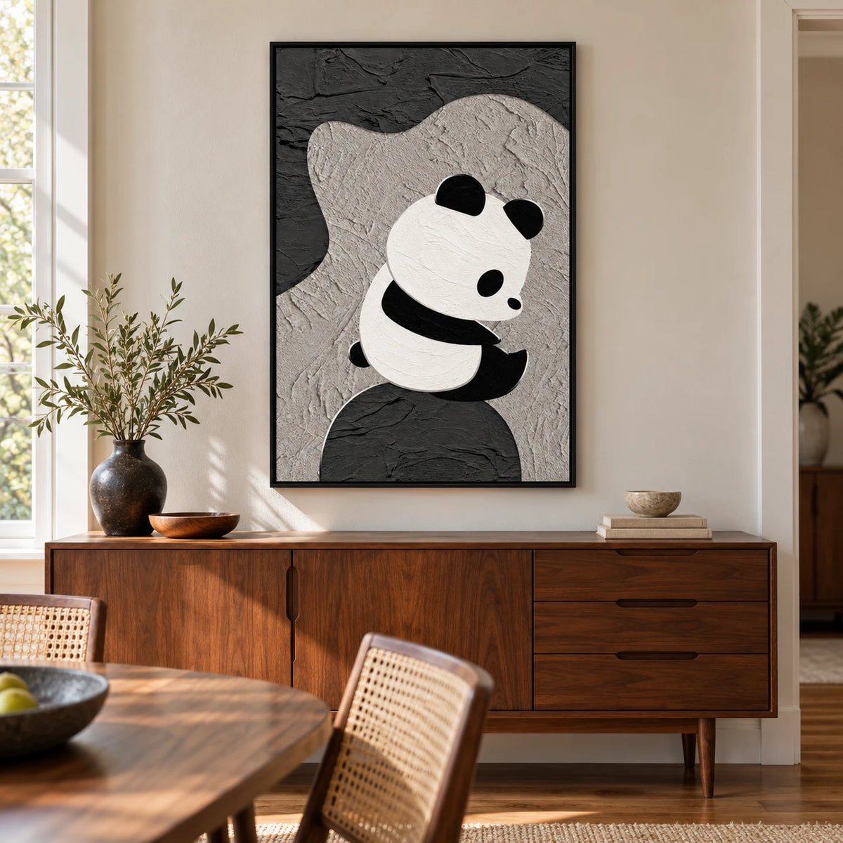 Ownanart Hand-Painted Minimalist Panda Sitting on an Abstract Rock Oil Painting – Modern Animal Art, 3D Textured Vertical Impasto Canvas Wall Art for Living Room Bedroom Entryway and Office #OA 1590