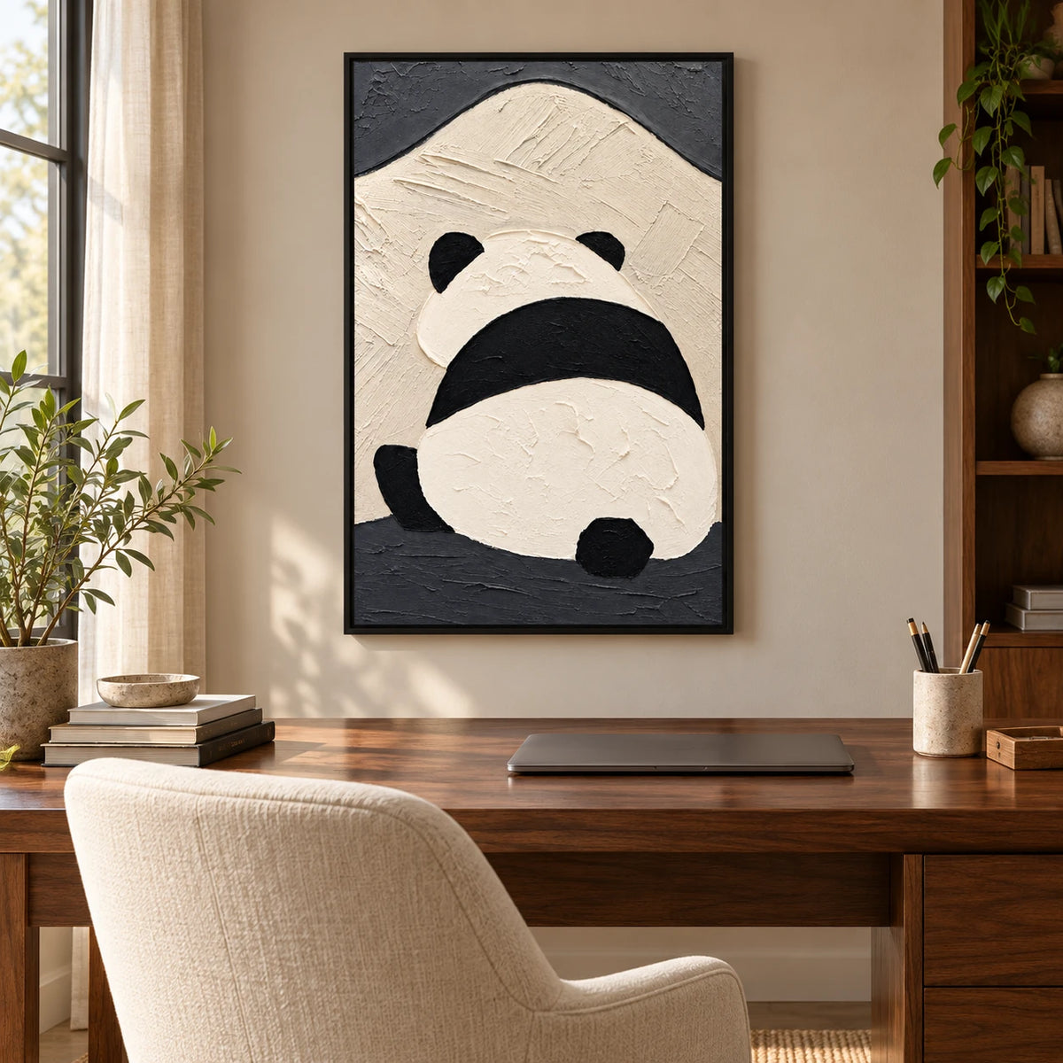 Ownanart Hand-Painted Minimalist Panda Viewed from Behind Oil Painting – Modern Animal Art, 3D Textured Vertical Impasto Canvas Wall Art for Living Room Bedroom Entryway and Office #OA 1588
