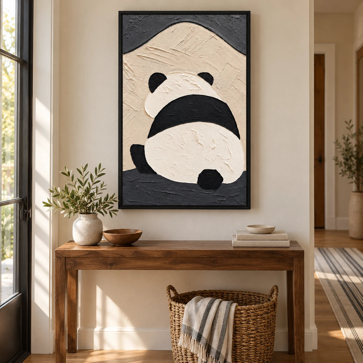 Ownanart Hand-Painted Minimalist Panda Viewed from Behind Oil Painting – Modern Animal Art, 3D Textured Vertical Impasto Canvas Wall Art for Living Room Bedroom Entryway and Office #OA 1588
