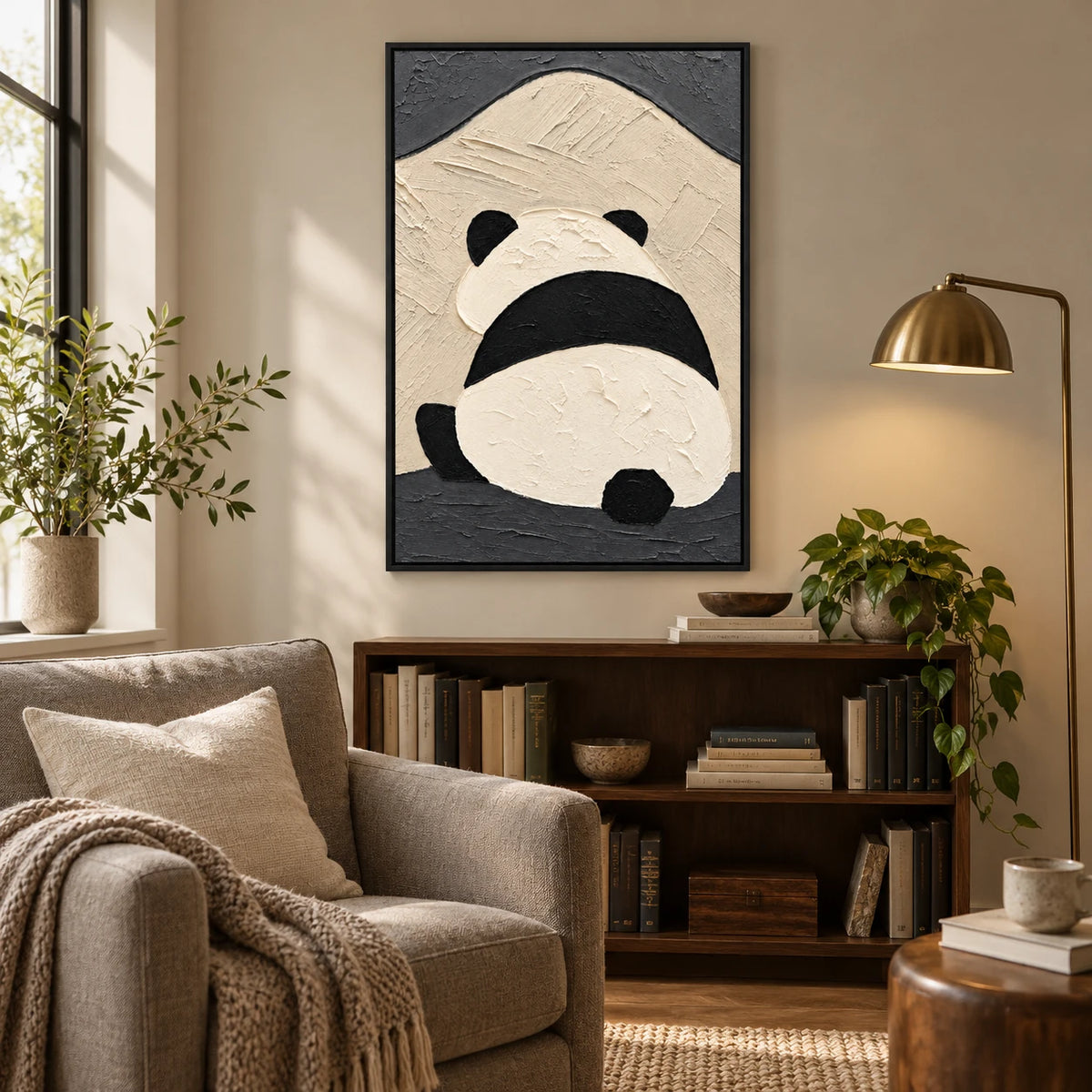Ownanart Hand-Painted Minimalist Panda Viewed from Behind Oil Painting – Modern Animal Art, 3D Textured Vertical Impasto Canvas Wall Art for Living Room Bedroom Entryway and Office #OA 1588