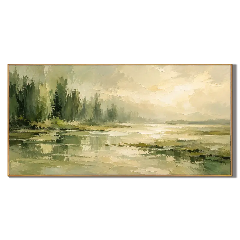 Ownanart Hand-Painted Misty Forest & Lake Oil Painting – Sage Green Trees, Golden Light & Textured Reflections, Panoramic Nature Wall Art