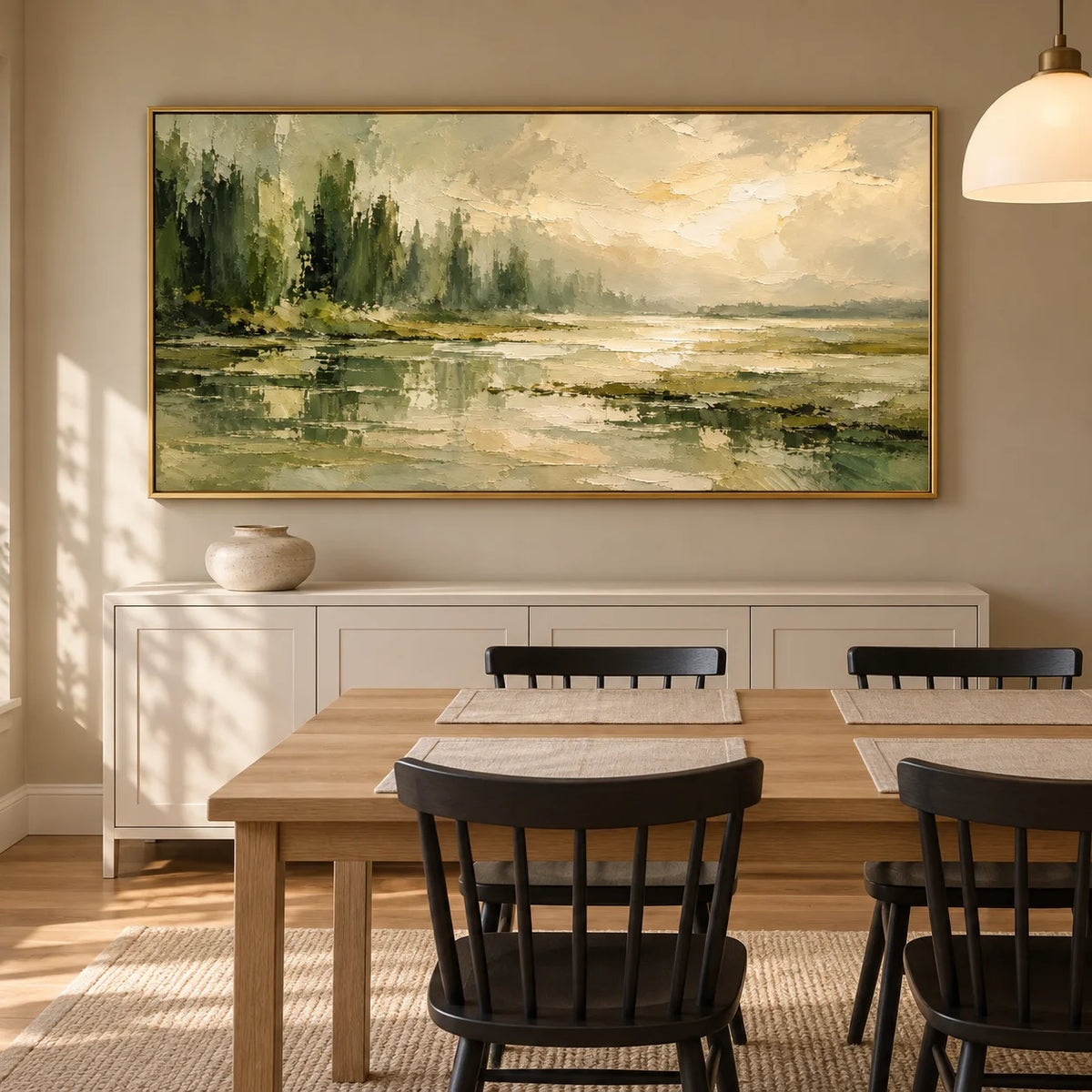 Ownanart Hand-Painted Misty Forest & Lake Oil Painting – Sage Green Trees, Golden Light & Textured Reflections, Panoramic Nature Wall Art
