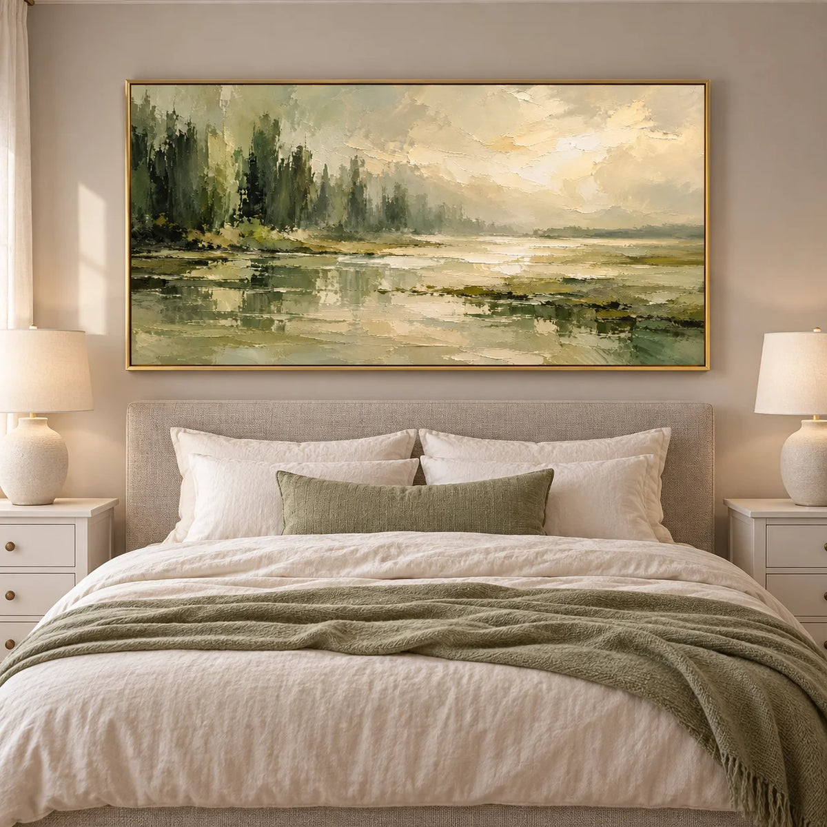 Ownanart Hand-Painted Misty Forest & Lake Oil Painting – Sage Green Trees, Golden Light & Textured Reflections, Panoramic Nature Wall Art