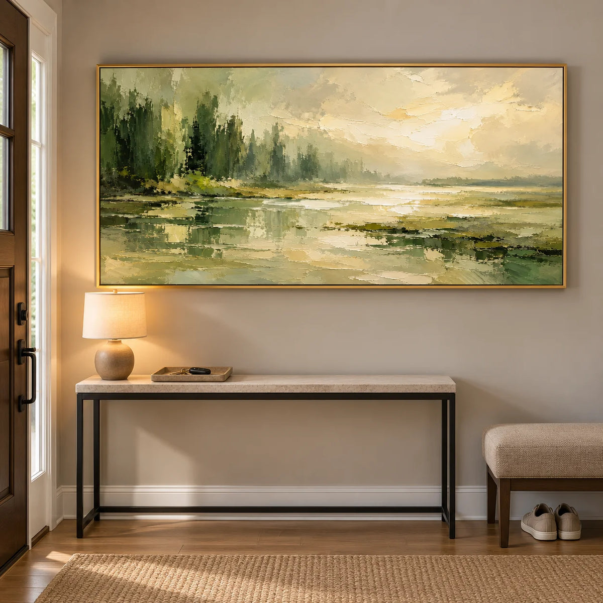Ownanart Hand-Painted Misty Forest & Lake Oil Painting – Sage Green Trees, Golden Light & Textured Reflections, Panoramic Nature Wall Art