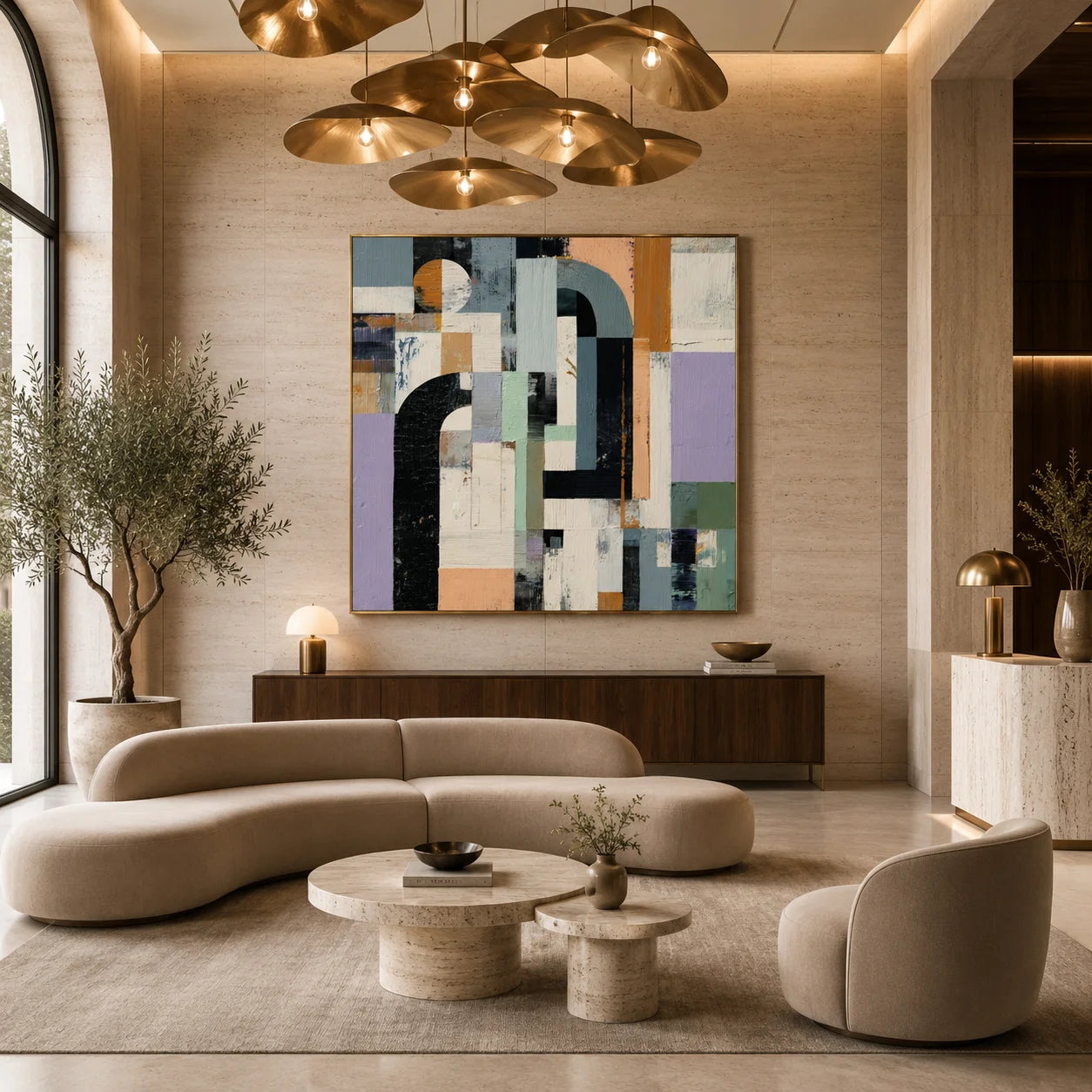 Hand-Painted Modern Geometric Abstract Oil Painting, Textured Arch and Color Block Canvas Wall Art in Sage Green, Lavender, Black and Mustard Yellow # OA 1155
