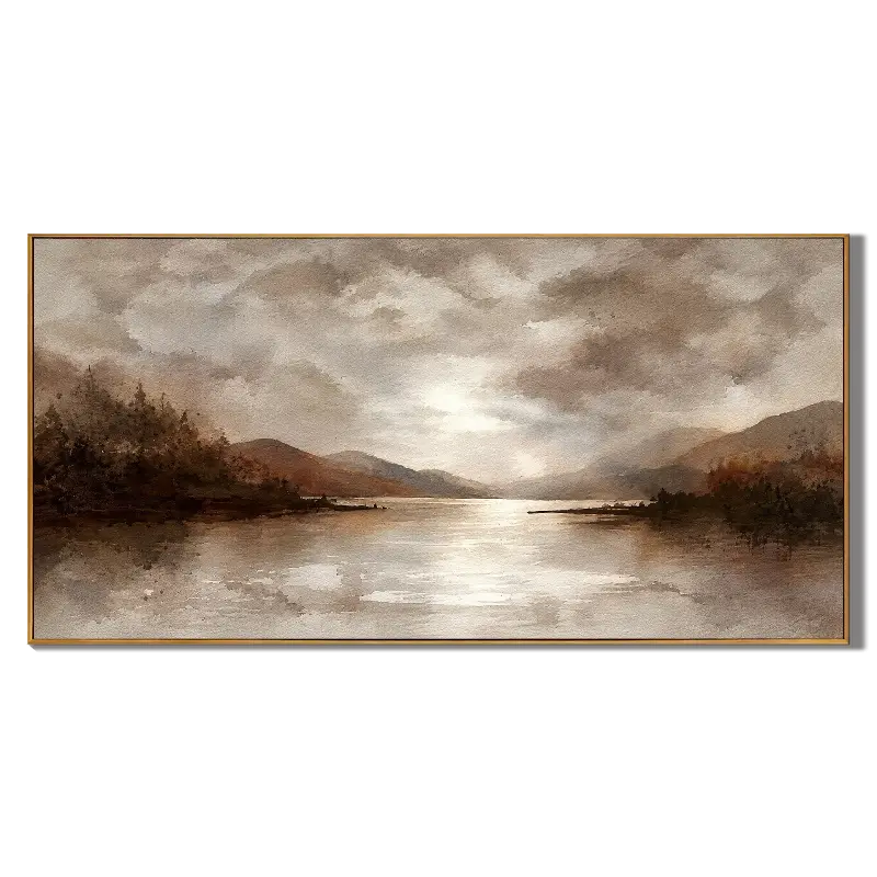 Ownanart Hand-Painted Mountain Lake Oil Painting – Moody Clouds, Forest Shores and Reflected Light, Neutral Horizontal Landscape Wall Art