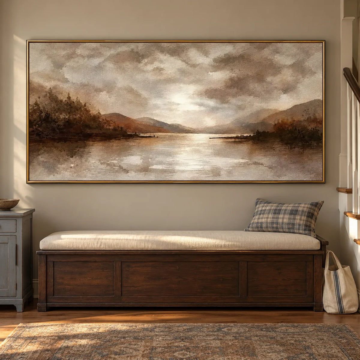 Ownanart Hand-Painted Mountain Lake Oil Painting – Moody Clouds, Forest Shores and Reflected Light, Neutral Horizontal Landscape Wall Art