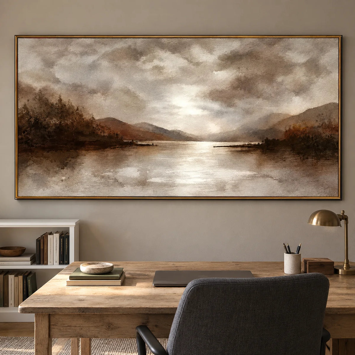 Ownanart Hand-Painted Mountain Lake Oil Painting – Moody Clouds, Forest Shores and Reflected Light, Neutral Horizontal Landscape Wall Art