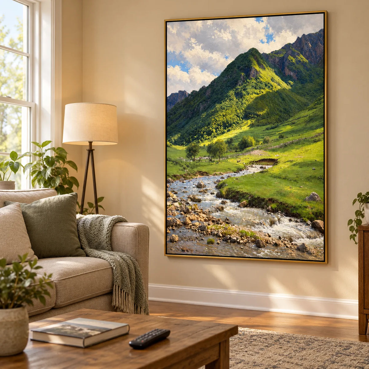 Ownanart Hand-Painted Mountain Stream Oil Painting – Sunlit Green Valley and Rocky Creek Landscape