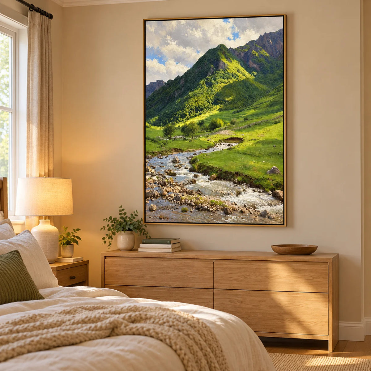 Ownanart Hand-Painted Mountain Stream Oil Painting – Sunlit Green Valley and Rocky Creek Landscape
