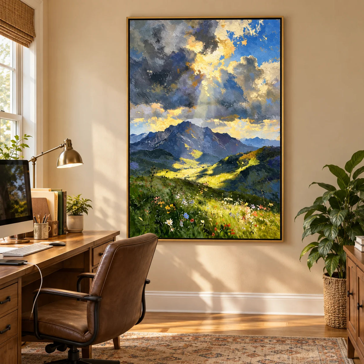 Ownanart Hand-Painted Mountain Valley Oil Painting – Sunlight Through Storm Clouds, Wildflower Meadow Landscape Wall Art